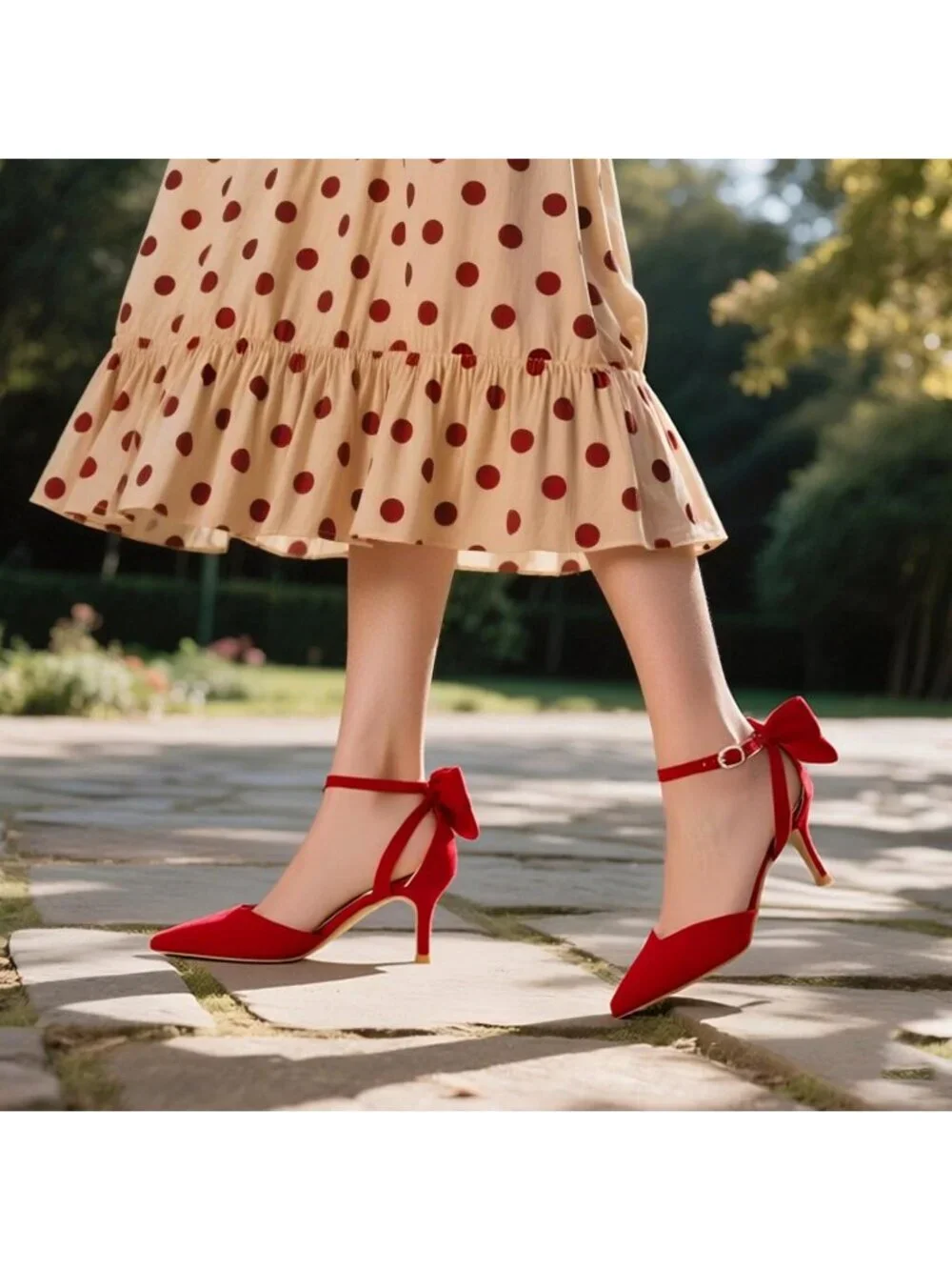 Women's Red Suede Kitten Bow Closed Pointed Toe Sandals Ankle Strap Dress Shoe